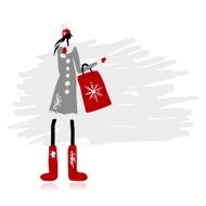 Girl in winter coat with shopping bag for your design N2