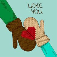 Illustration with hands of couple in mittens