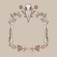 gothic vignette with bird skull flowers and leaves