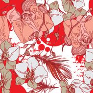 seamless retro vector pattern from abstract orchids and feathers