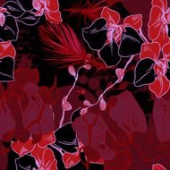 seamless retro vector pattern from abstract orchids and feathers N2