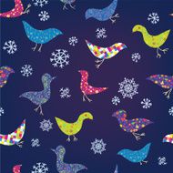 Funny christmas pattern with birds and snow - seamless