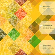 Colorful mosaic banner with colored rhombus and hand-drawn floral background