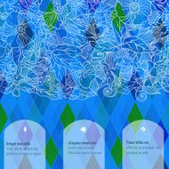 Colorful mosaic banner with colored rhombus and hand-drawn floral background N2