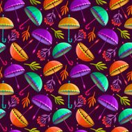 Seamless pattern with colorful umbrellas and autumn leaves