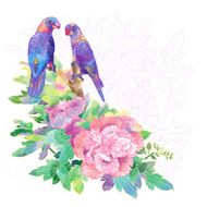 romantic parrots and exotic flowers