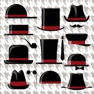 Men's hats set with mustaches pipe ties and glasses
