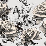 Seamless pattern with blooming roses and black butterflies Vector illustration