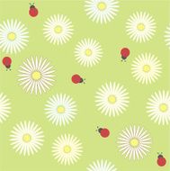 Seamless pattern with chamomiles and ladybugs on a green background