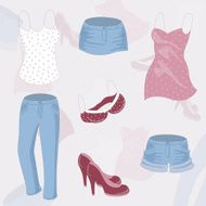 Vector background with various women&#039;s clothing and shoes