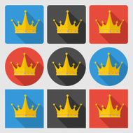 Set icons with gold crown on round and square backgrounds