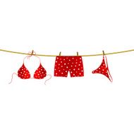 Red bikini suit and boxer shorts hanging on rope