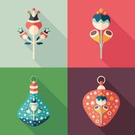 Colorful flowers and Christmas tree toys flat square icons