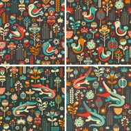 Set of floral seamless patterns with funny crocodiles and birds