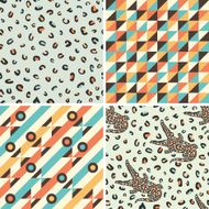 Set of seamless patterns with geometric shapes and crocodiles