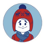 Smiling boy dressed in red knitted hat with deers and N2