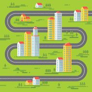 Buildings and road vector background illustration in flat style