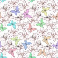 Beautiful seamless pattern with lilies flowers and multicolored butterflies