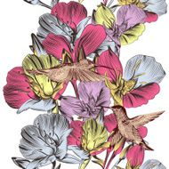 Floral vector seamless background with flowers and birds