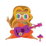 Blonde hippie girl with guitar and mushroom
