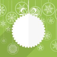 Green Christmas greeting card with white christmas bauble and snowflake background