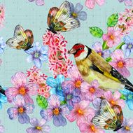vintage seamless texture with cute birds watercolor N6