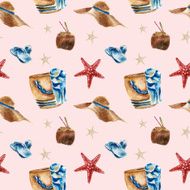 Seamless pattern with beach bag shoes sunglasses and a coconut N7