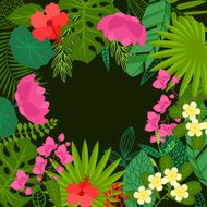 Background of stylized tropical plants leaves and flowers