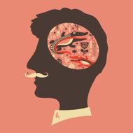 Hipster head with thoughts about crocodiles and flowers