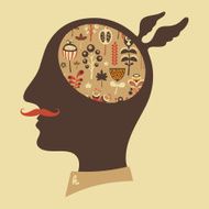 Hipster head with thoughts about colorful flowers and leaves
