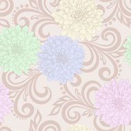 seamless pattern with dahlia flowers and abstract floral swirls