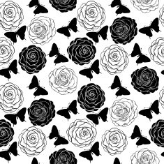 seamless background with monochrome black and white butterflies roses