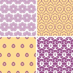 Four abstract purple and gold oriental motives seamless patterns set