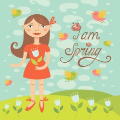 Spring girl with birds Greeting card N2