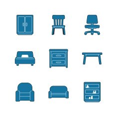 Set of icons Furniture shop Chair bed sofa wardrobe desk