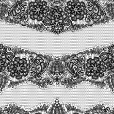 Black Lace seamless pattern with flowers on white background