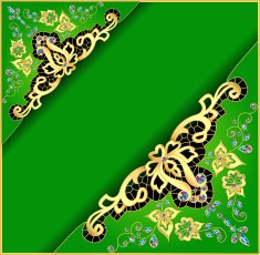 green background with gold ornament and precious stones