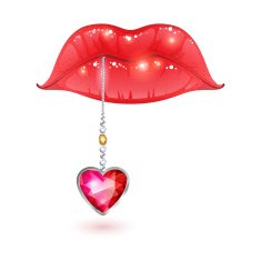 Glossy red lady's lips holding heart shaped gemstone