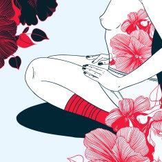 sitting on lap girl with flower tattoo