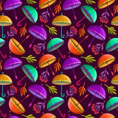Seamless pattern with colorful umbrellas and autumn leaves