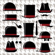Men's hats set with mustaches pipe ties and glasses