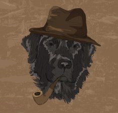 Vintage Drawing of labrador retriever with hat and pipe
