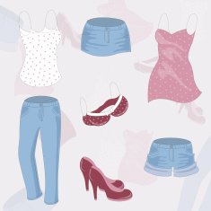 Vector background with various women's clothing and shoes