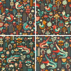 Set of floral seamless patterns with funny crocodiles and birds