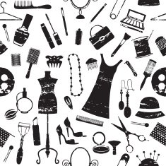 Seamless pattern with scratched beauty and fashion symbols