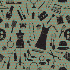 Seamless pattern with beauty and fashion symbols on dotted background