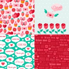 Seamless patterns of Valentine symbols and label I Love You
