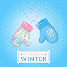 Cozy mittens on knitted blue background with "Happy Winter"