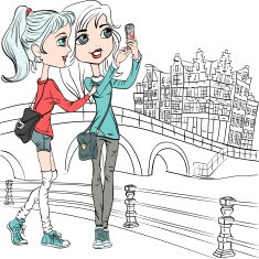 Vector cute girls make selfie in Amsterdam