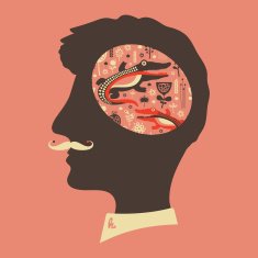 Hipster head with thoughts about crocodiles and flowers